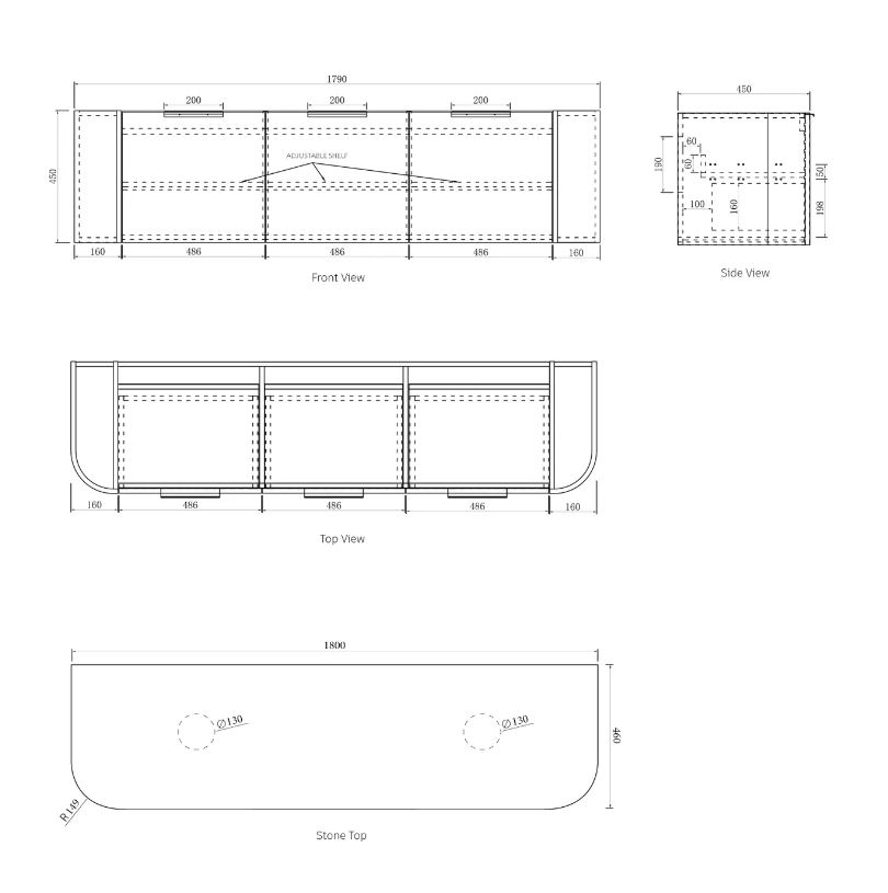 Bondi Wall Hung Vanity Curve 1800mm – Black Oak drawing