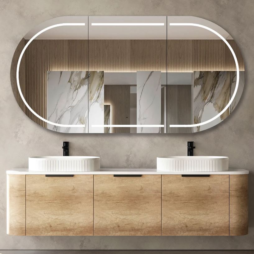 Bathroom with mirror and Bondi Wall Hung Vanity Curve 1800mm – Natural Oak