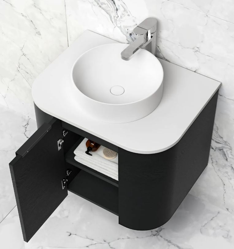 top view of open Bondi Wall Hung Vanity Curve 600mm - Black Oak