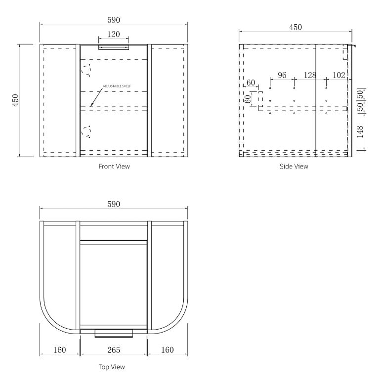Bondi Wall Hung Vanity Curve 600mm - Black Oak drawing