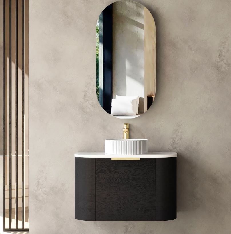bathroom mirror and Bondi Wall Hung Vanity Curve 750mm - Black Oak