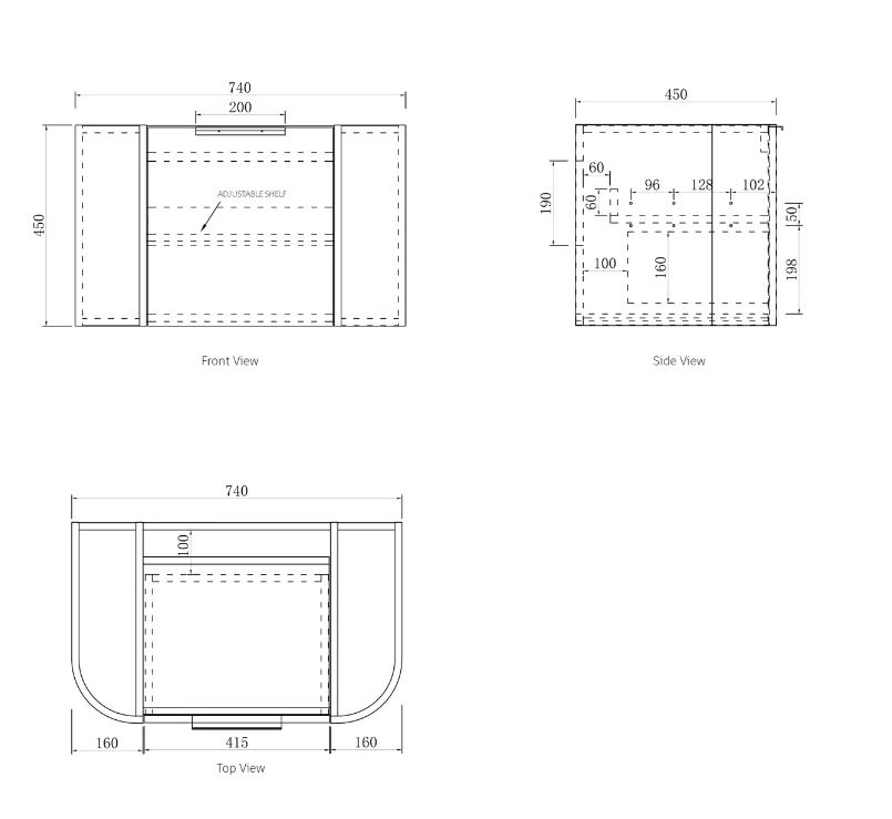 Bondi Wall Hung Vanity Curve 750mm - Black Oak drawing