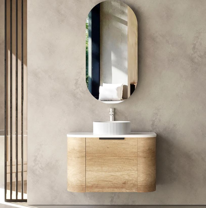 bathroom mirror and Bondi Wall Hung Vanity Curve 750mm – Natural Oak