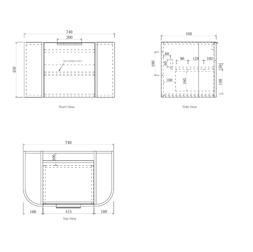 Bondi Wall Hung Vanity Curve 750mm – Natural Oak drawing