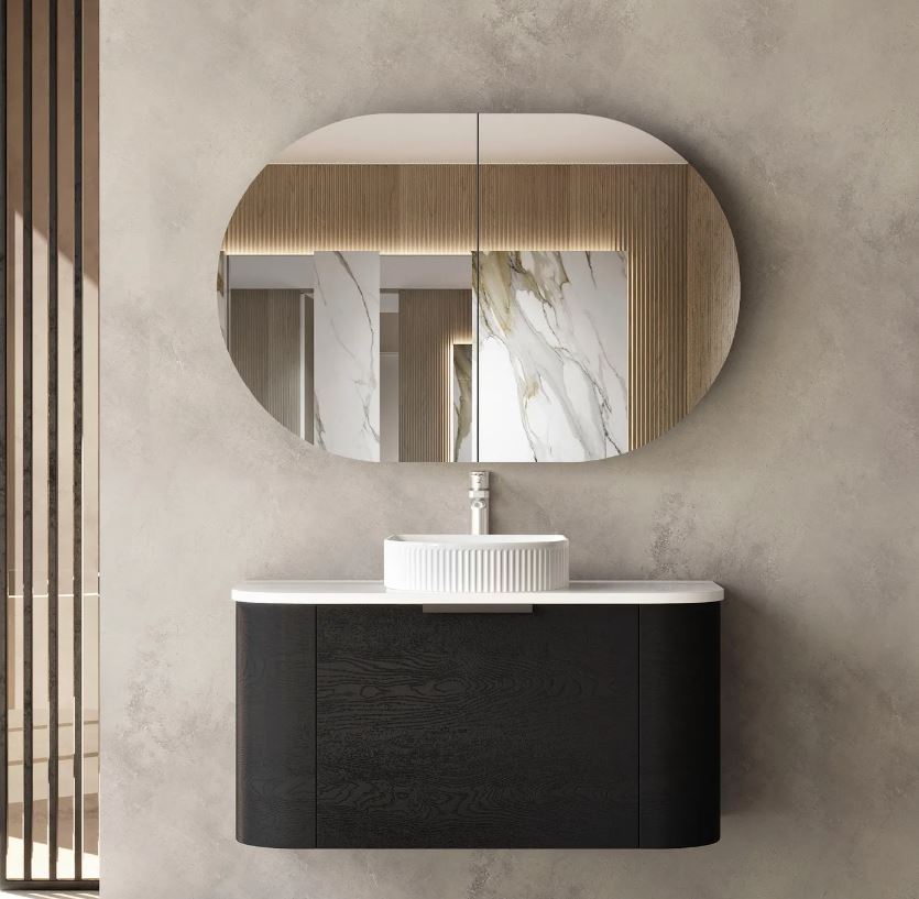 bathroom with mirror and Bondi Wall Hung Vanity Curve 900mm - Black Oak