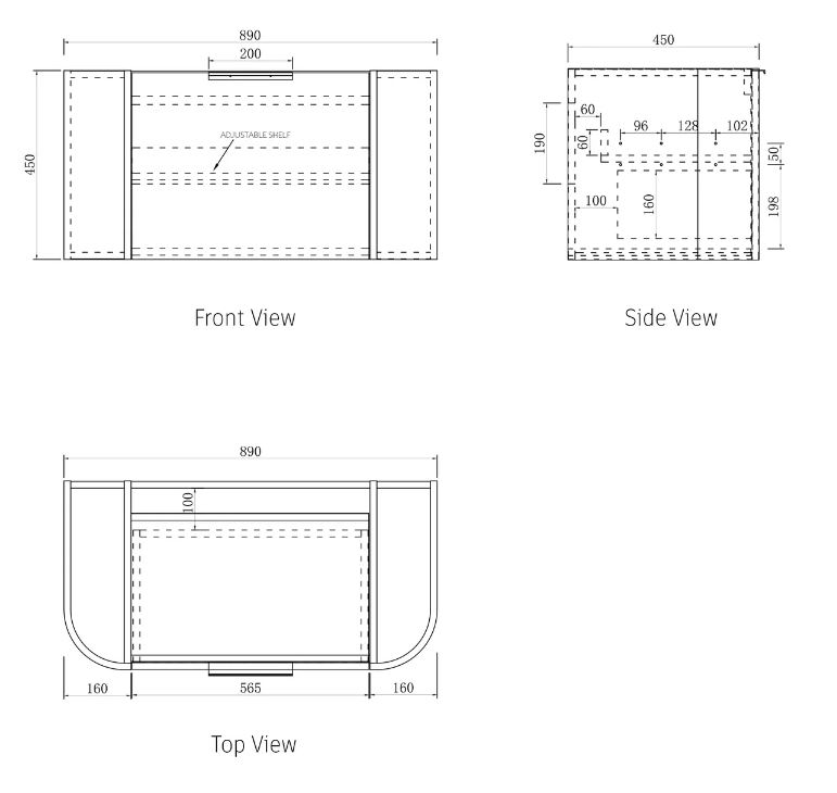 Bondi Wall Hung Vanity Curve 900mm - Black Oak drawing
