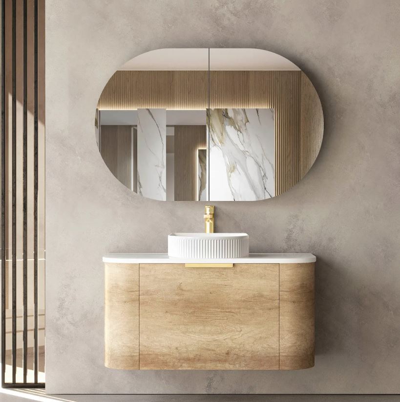 Bathroom with mirror and Bondi Wall Hung Vanity Curve 900mm – Natural Oak