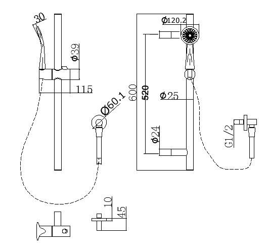 Pentro Sliding Shower Rail drawing details