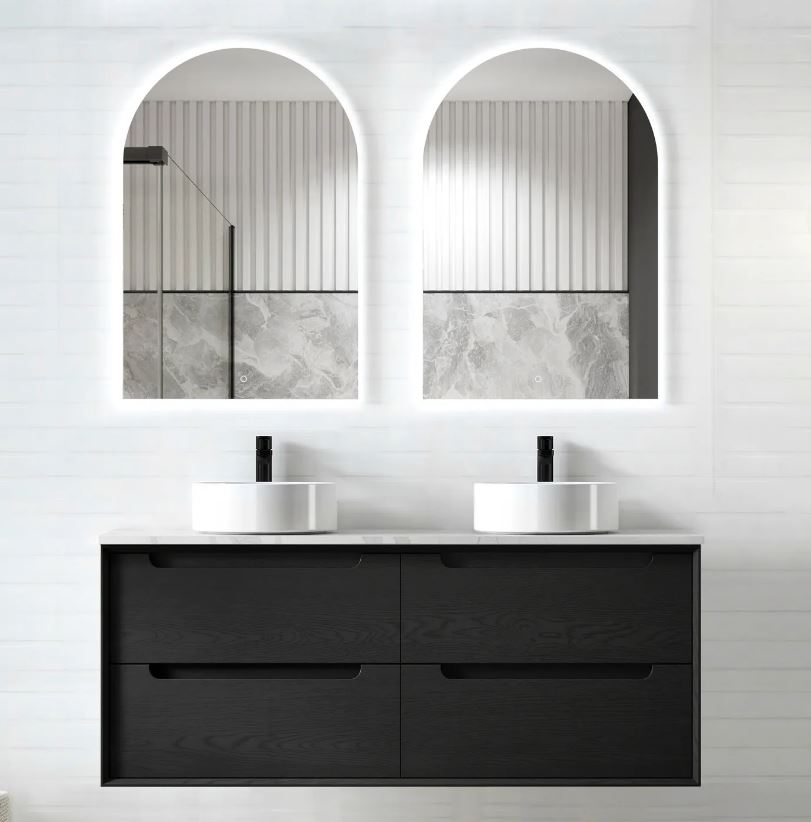 Bathroom with installed mirror and wall hung Byron Double Bowl Vanity 1200mm - Black Oak