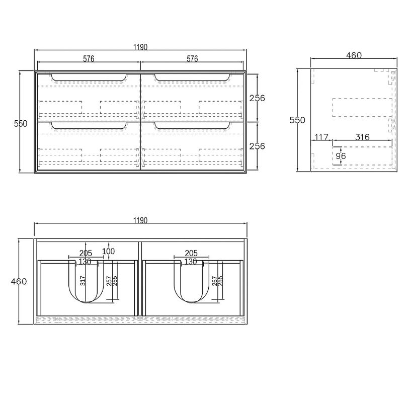 Byron Double Bowl Vanity 1200mm - Black Oak drawing