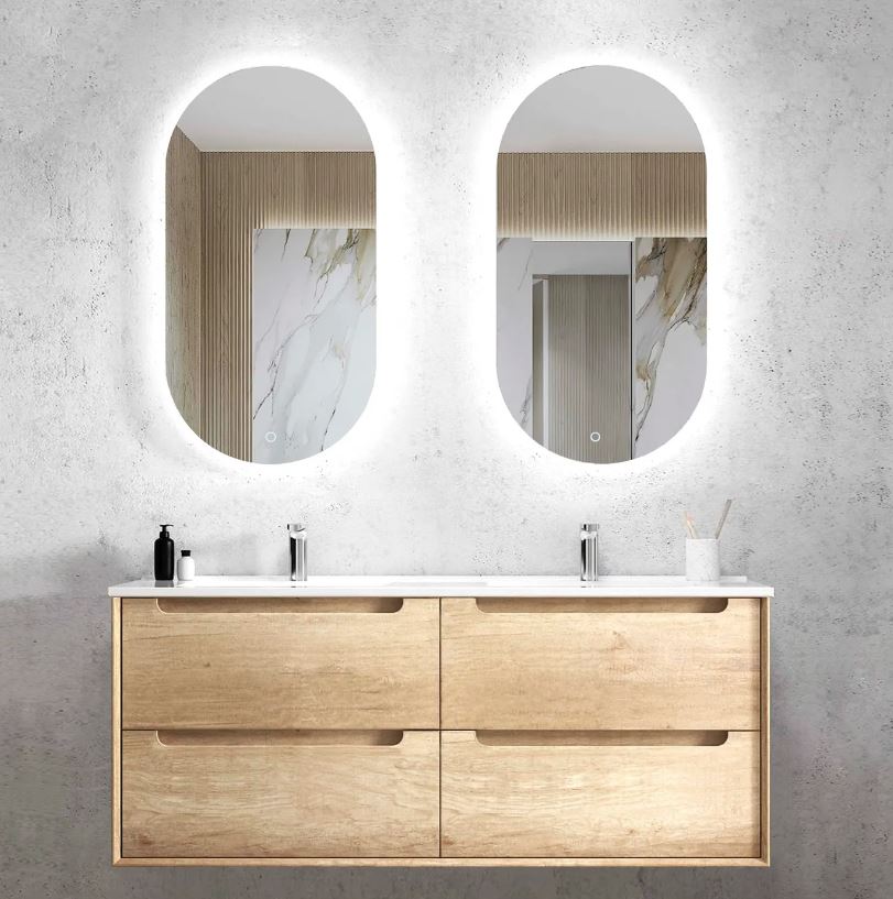 Bathroom with 2 mirrors and Byron Double Bowl Vanity 1200mm - Wood Grain Oak