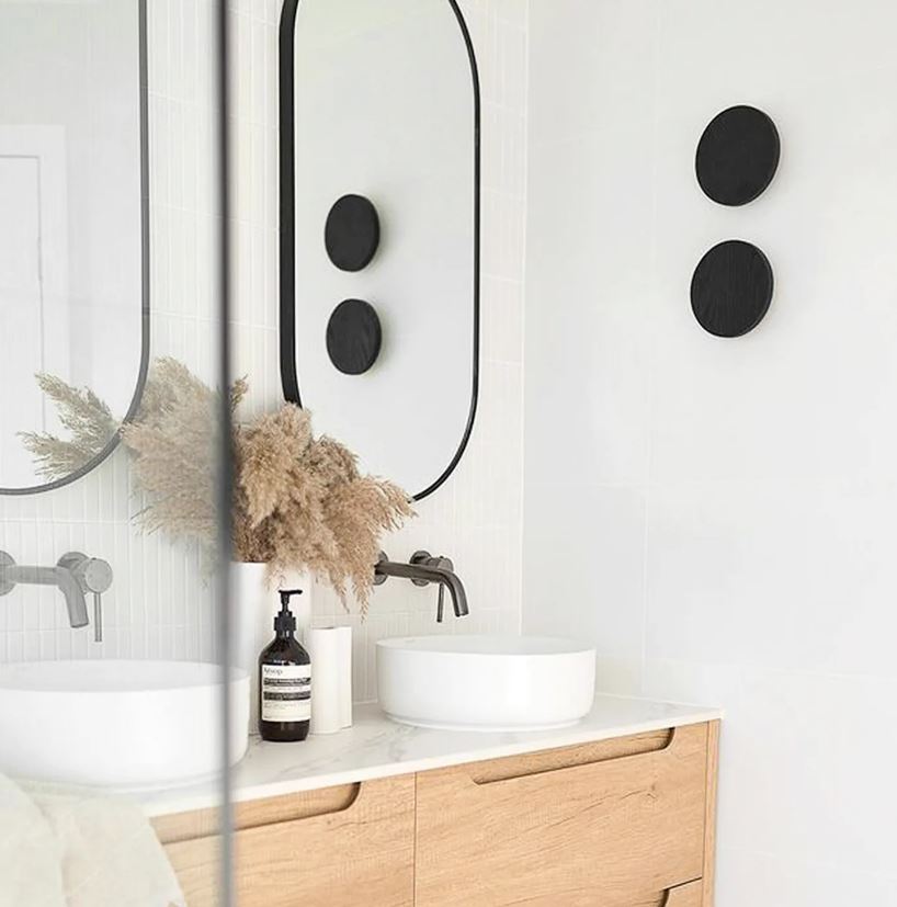 Side view of bathroom with black framed mirror and Byron Double Bowl Vanity 1200mm - Wood Grain Oak