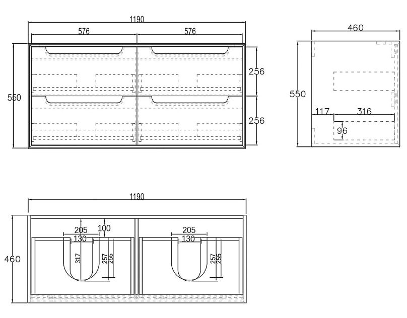 Byron Double Bowl Vanity 1200mm - Wood Grain Oak drawing