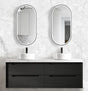 Bathroom with installed black framed mirror and wall hung Byron Vanity 1500mm - Black Oak