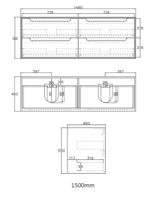 Byron Vanity 1500mm - Black Oak drawing