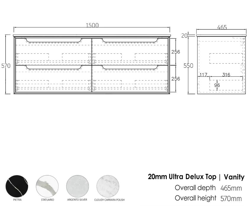 Byron Vanity 1500mm - Wood Grain Oak drawing
