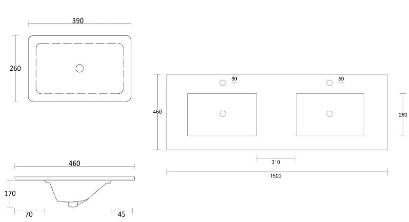Byron Vanity 1500mm - Wood Grain Oak drawing 1