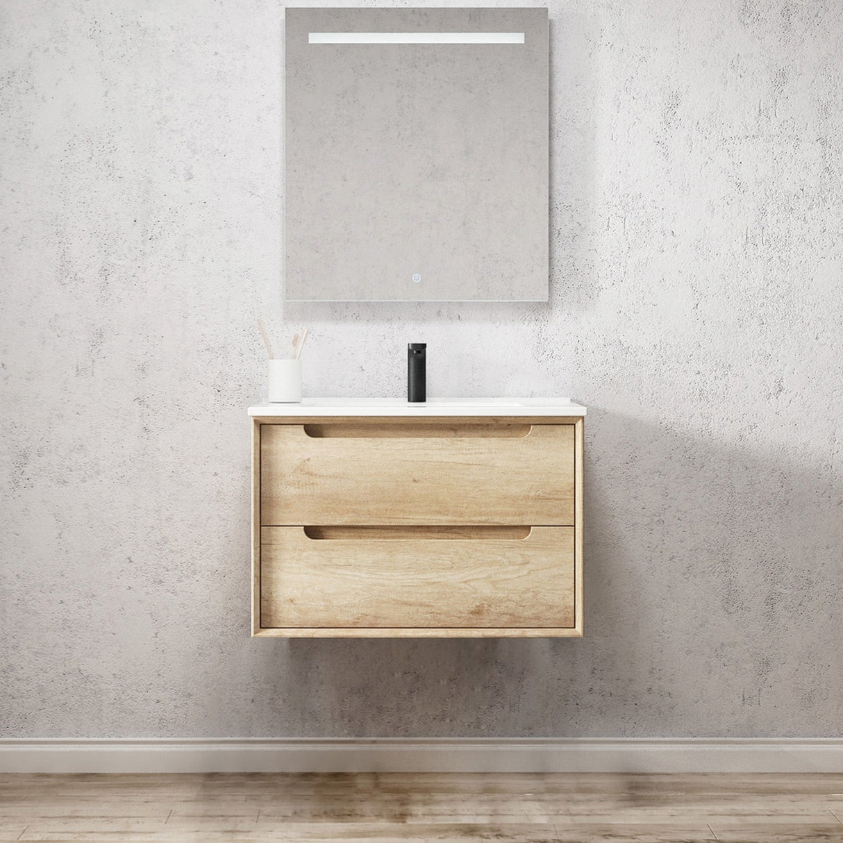 Wall hung mirror and wall hung Byron Vanity 750mm - Wood Grain Oak