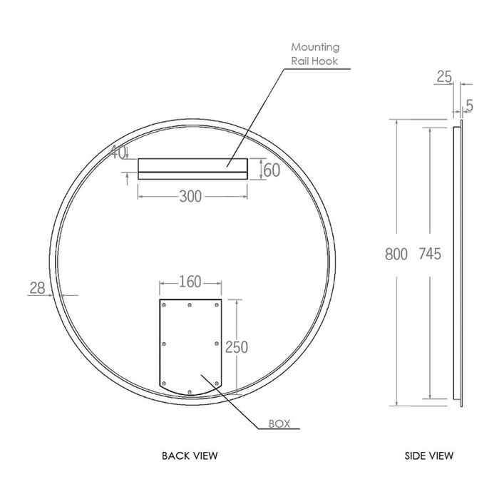Frameless Bondi LED Round Mirror 800mm back view