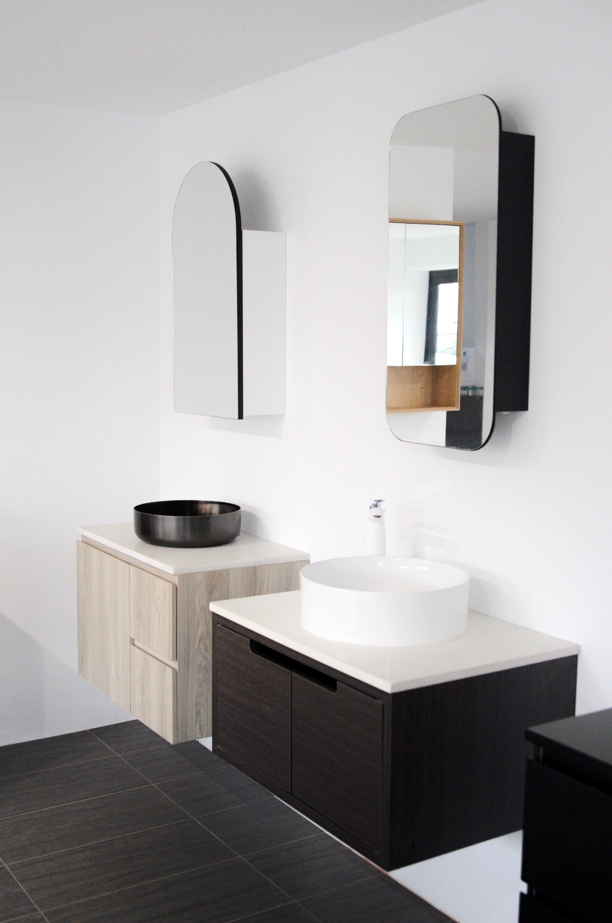 Showroom with vanities, basin, and Skyla Rectangle Shaving Cabinet (White) 800 x 400mm