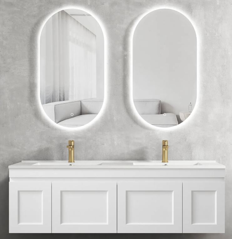 Bathroom with mounted mirrors and Hampton MKII Vanity 1500mm - Matte White