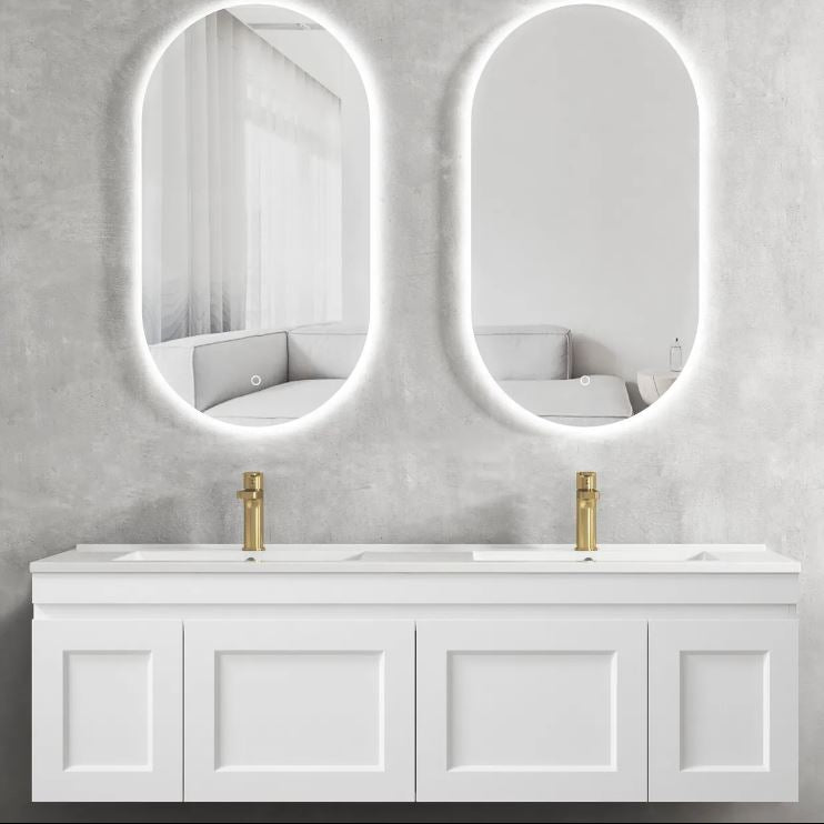 Bathroom with mounted mirrors and Hampton MKII Vanity 1500mm - Matte White