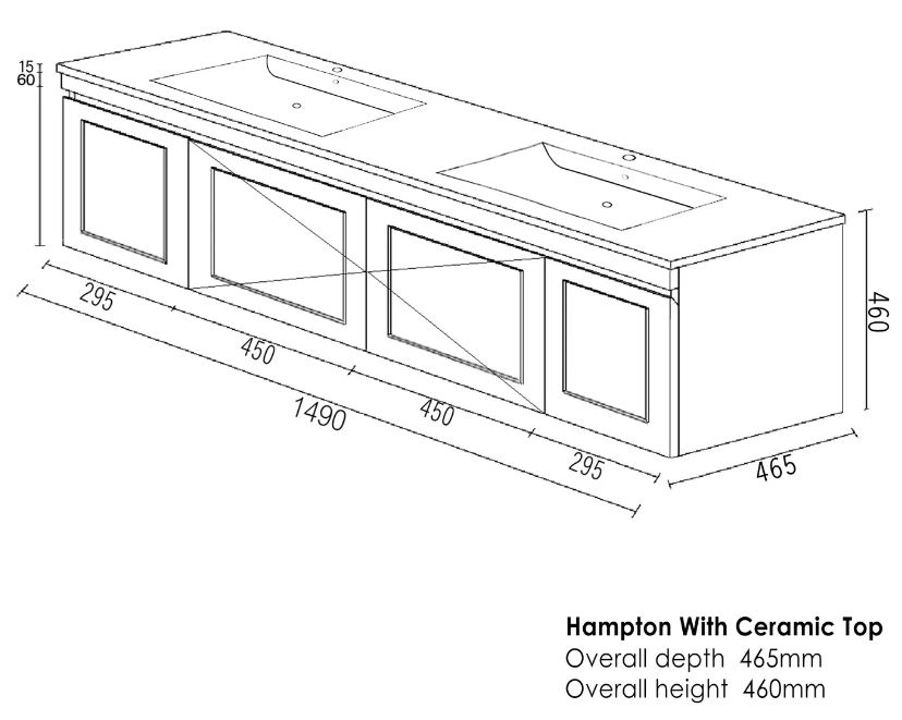 Hampton MKII Vanity 1500mm - Matte White drawing 1