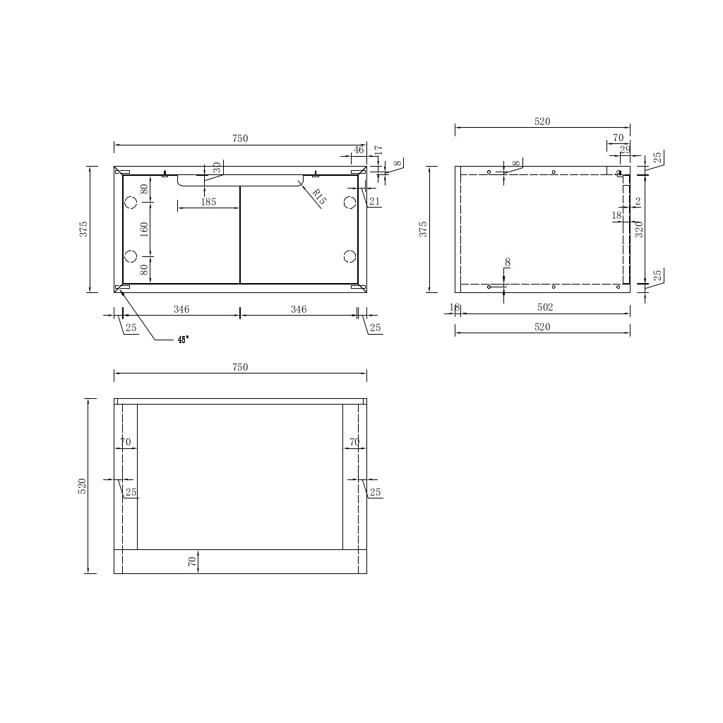 Kaia Wall Hung Vanity 750mm - Light Oak drawing details