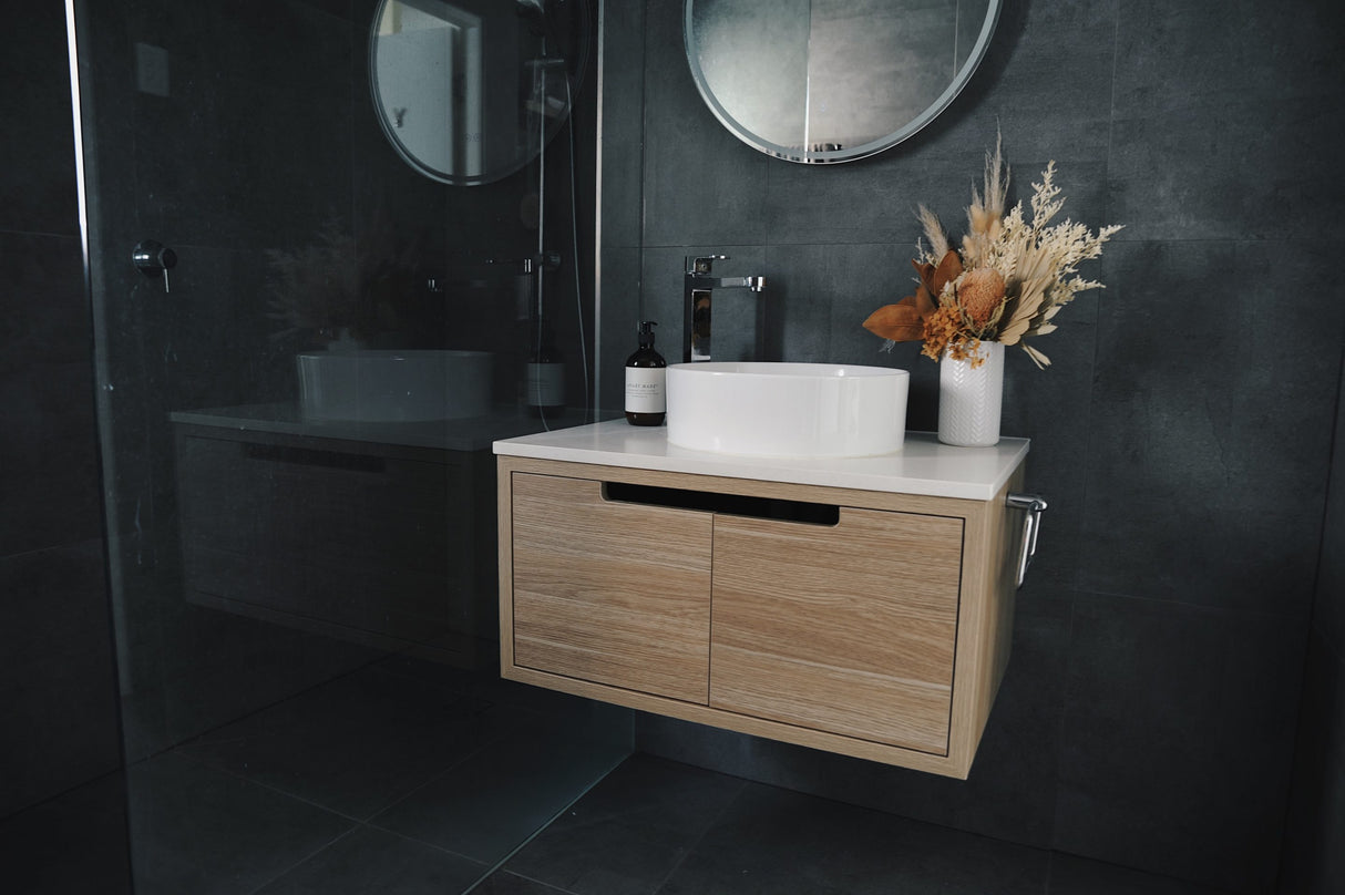 bathroom with white basin and Kaia Wall Hung Vanity 750mm - Light Oak