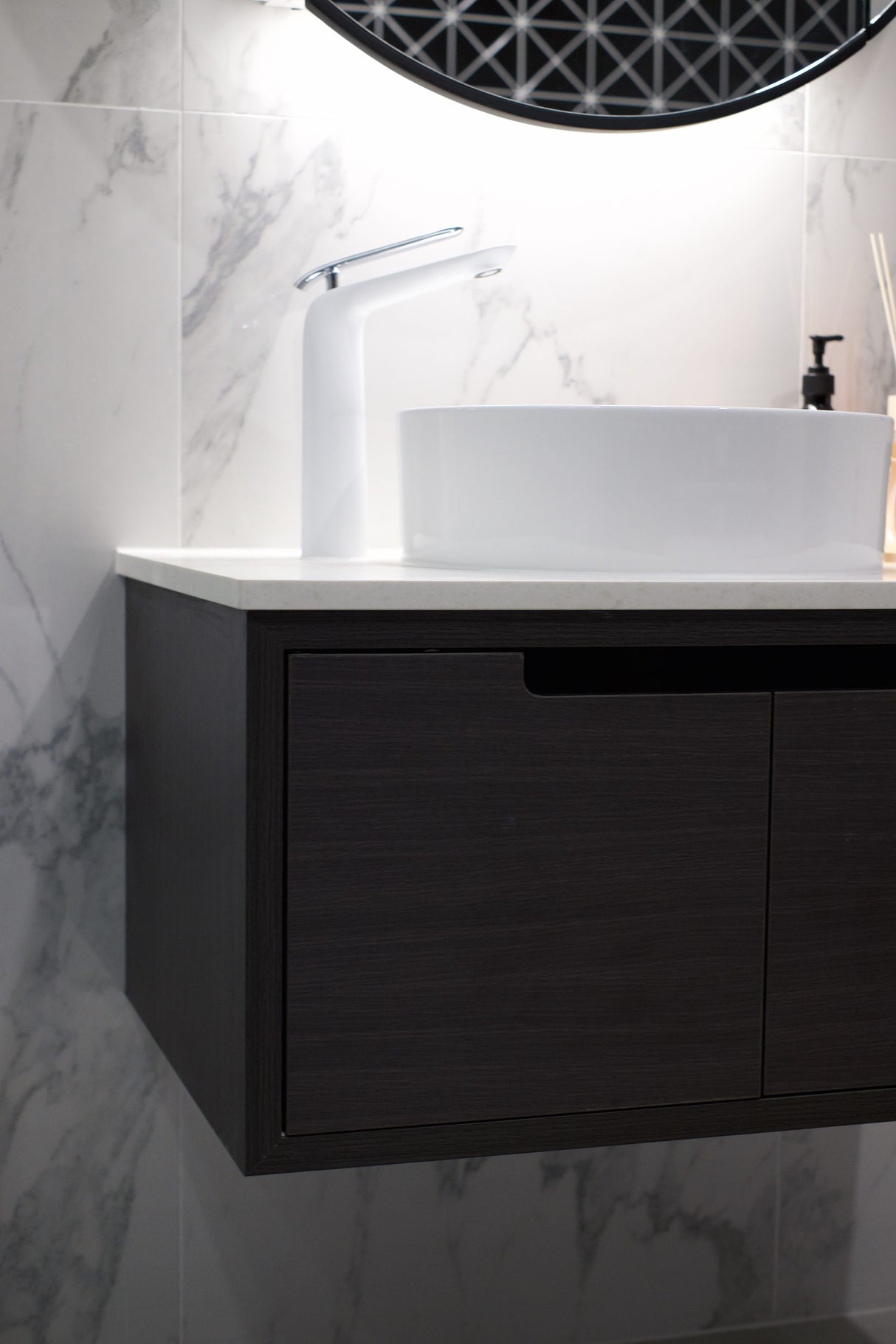 closer look of wall hung vanities