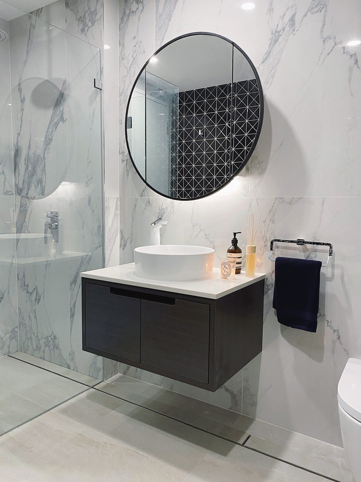 bathroom with installed mirror and Kaia Wall Hung Vanity 600mm - Dark Oak side view