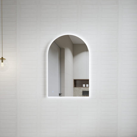 LED Bathroom Mirror Light - Archie, featuring a sleek arched design with integrated soft LED lighting, mounted on a textured white wall for a modern and minimalist aesthetic.