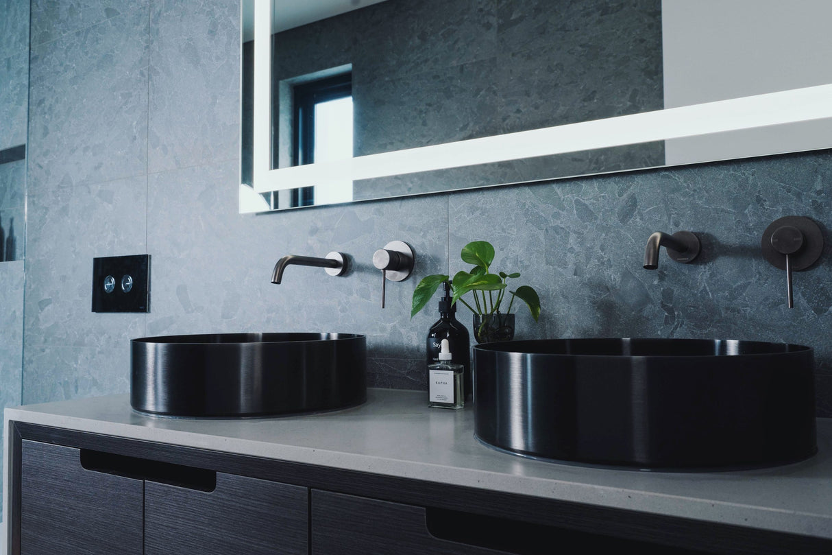 Bathroom with Zen Stainless Steel Counter Top Basin Round - 400mm Gunmetal