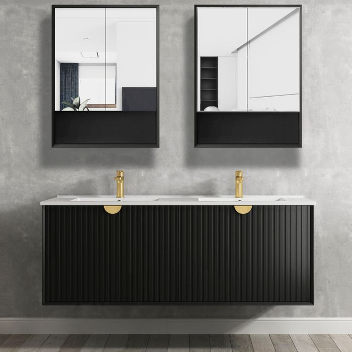 Bathroom with two mounted Marlo Shaving Cabinet 600mm - Matte Black and wall hung vanities