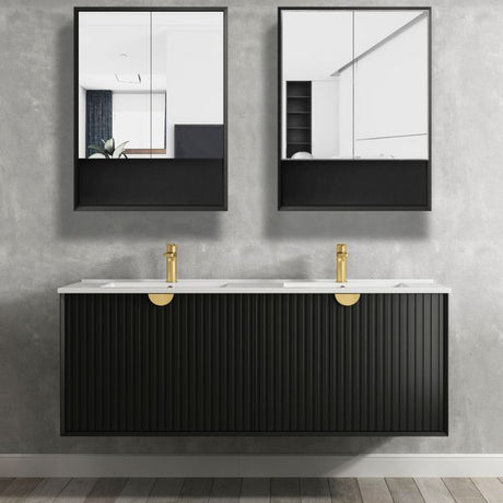 Bathroom with two mounted Marlo Shaving Cabinet 600mm - Matte Black and wall hung vanities