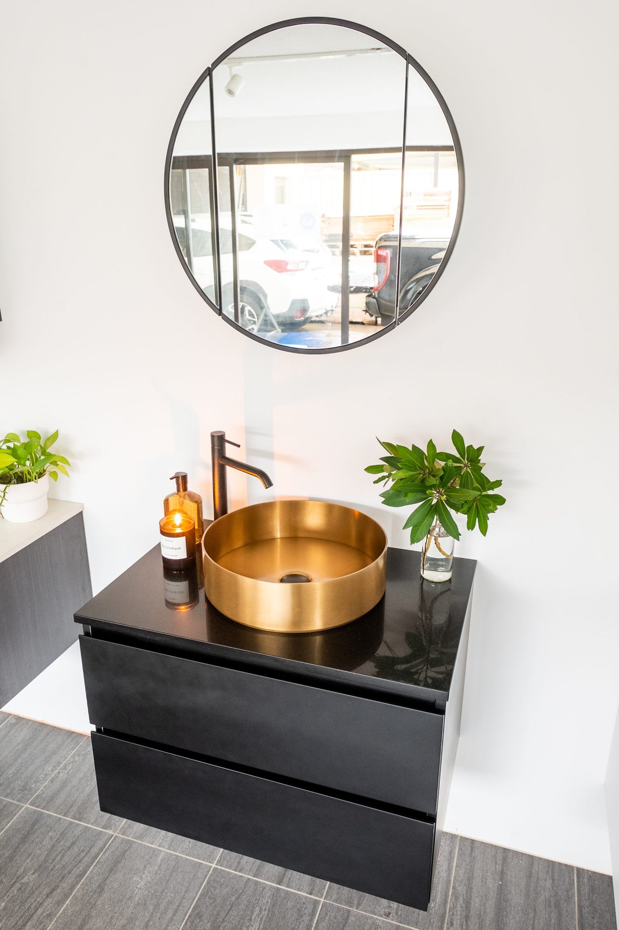 Mirage Vanity 750mm - Black, black framed mirror and gold basin