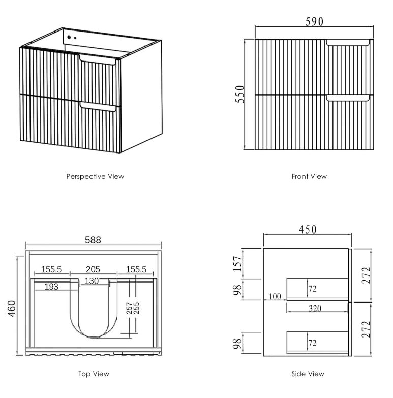 Noosa Vanity 600mm - Matte White drawing 1