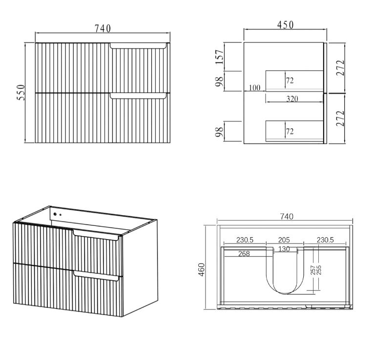 Noosa Vanity 750mm - Matte White drawing