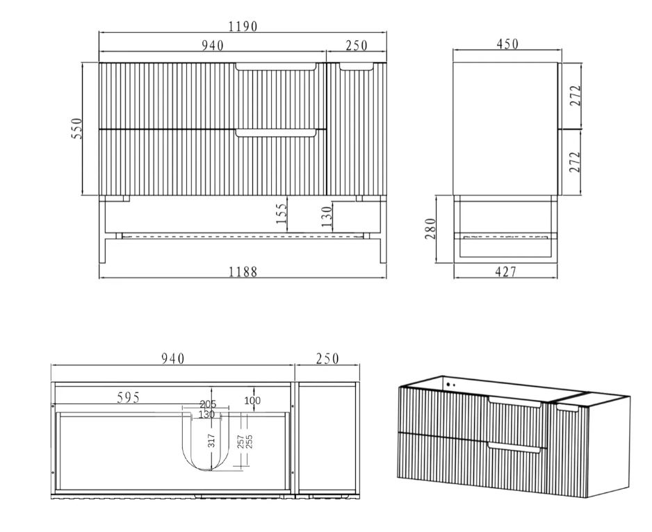 Noosa Vanity 1200mm - Matte White drawing