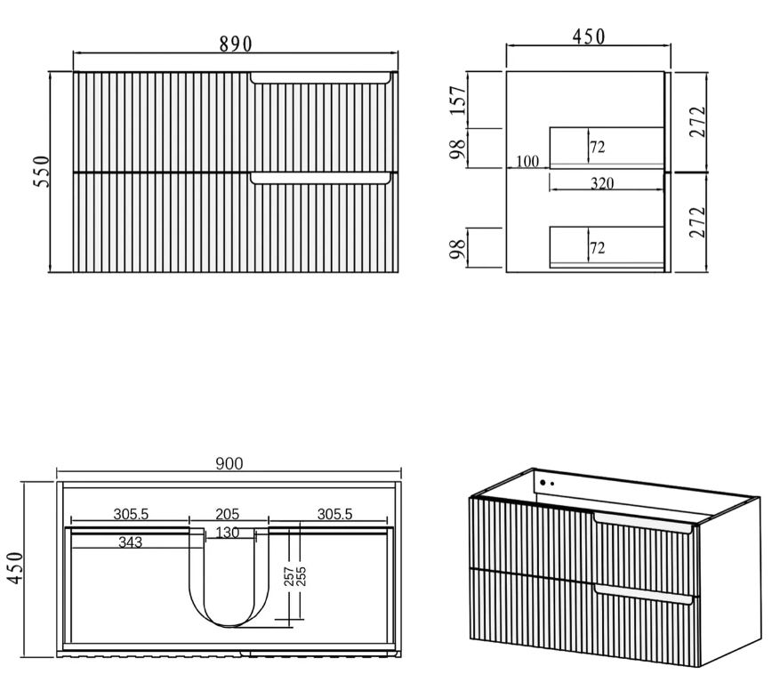 Noosa Vanity 900mm - Matte White drawing