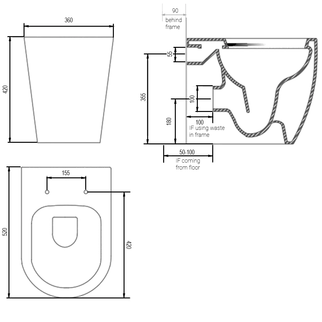 drawing details front, side, top view of ANITA In Wall Toilet Pan (Round) in wall toilet