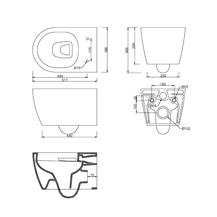 ZUNI Wall Hung Toilet Pan (Round) drawing details