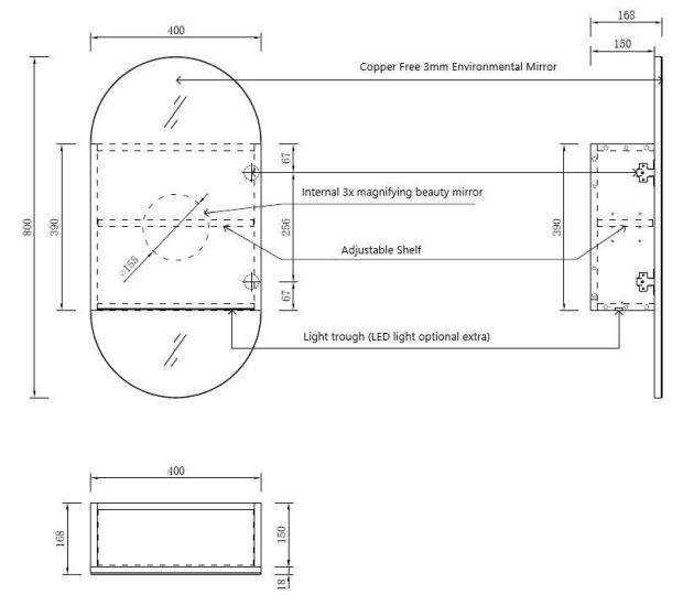 Paolo Pill Shaving Cabinet (White) 800 x 400mm drawing details