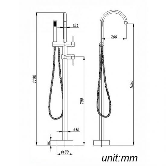 Pentro Free Standing Bath Spout and Shower Handle drawing details
