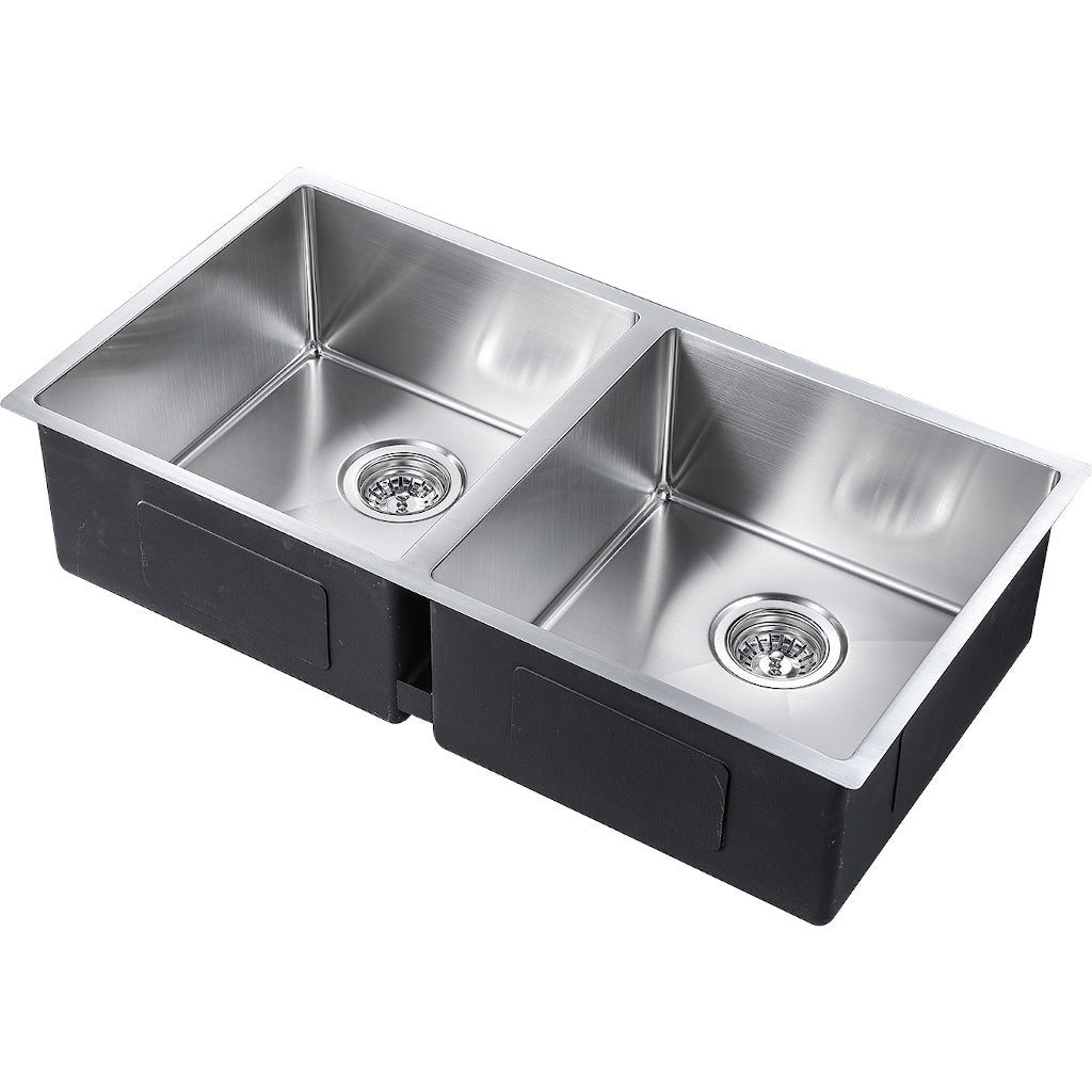Zen Hand Made Double Bowl Kitchen Sink 880mm - Stainless Steel Over/Undermount