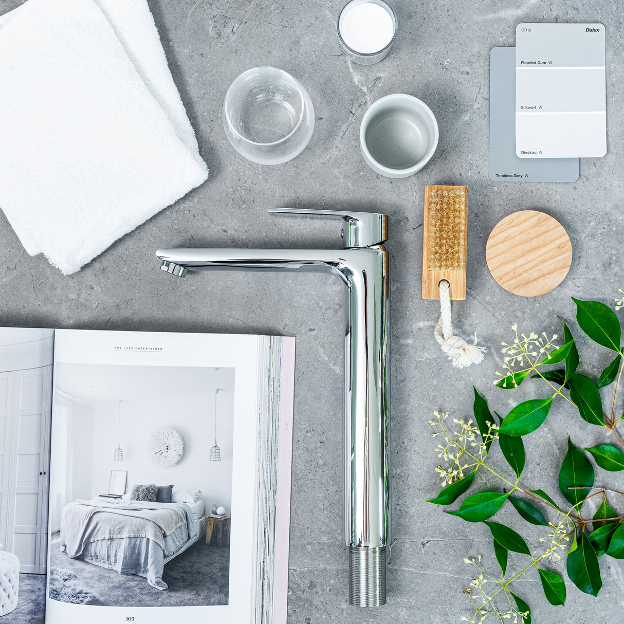 HALE Basin Tall Mixer Chrome on the grey coloured sink tap