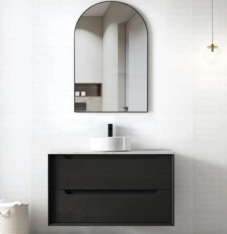 Bathroom with black framed mirror and Byron Vanity 900mm - Black Oak