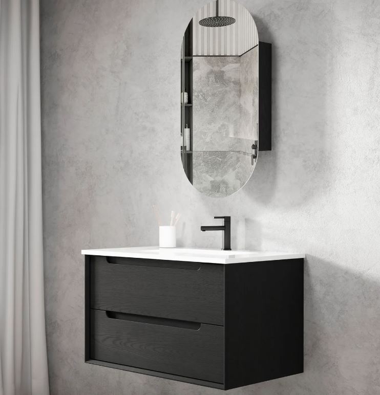 Side view of bathroom with mounted shaving cabinet and Byron Vanity 900mm - Black Oak