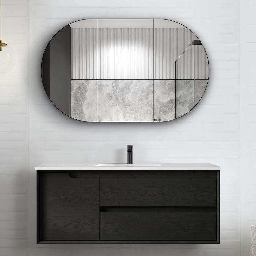 Bathroom with installed mirror and Wall hung Byron Vanity 1200mm - Black Oak