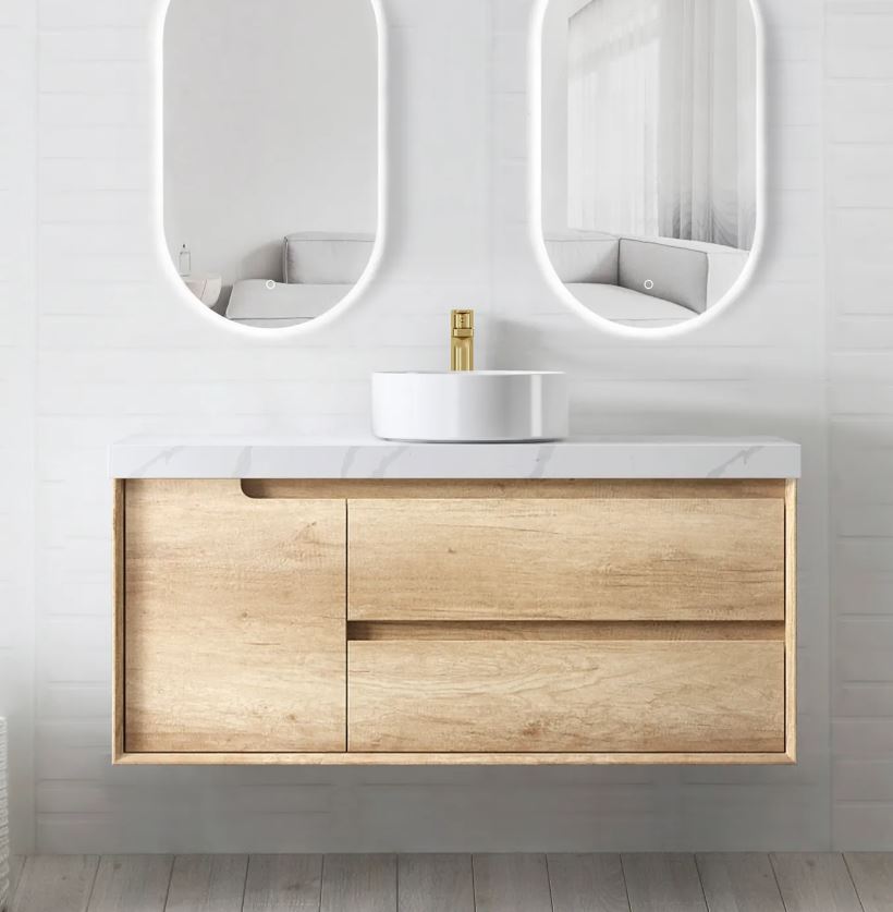 Frameless mirrors and Wall hung Byron Vanity 1200mm - Wood Grain Oak